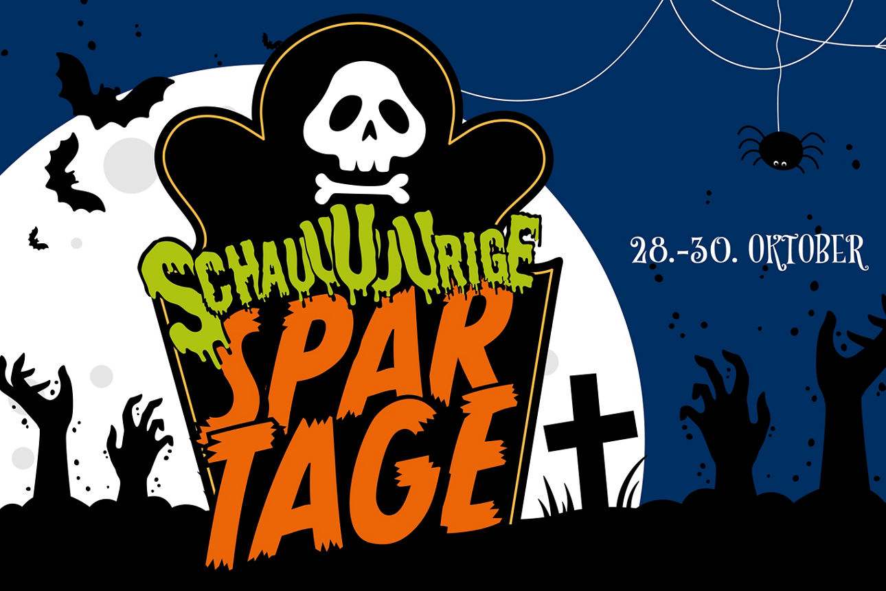 Schaurige Spartage Grafik mit blauem Hintergrund, Vollmond, Spinnennetz, Hände die aus der Erde kommen