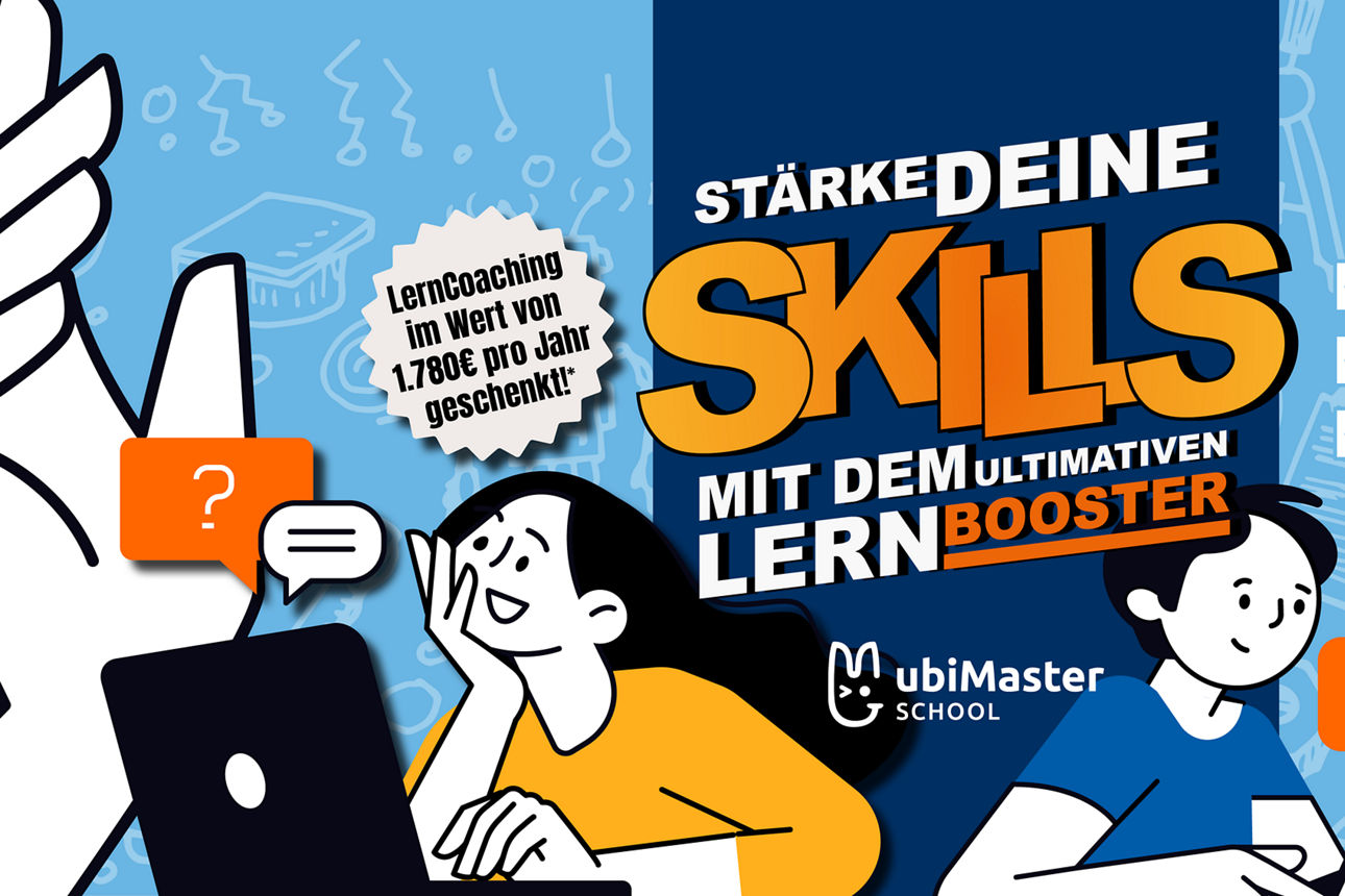 UbiMaster gezeichnete Figuren mit der Aufschrift: Stärke deine Skills, mit dem ultimativen Lernbooster