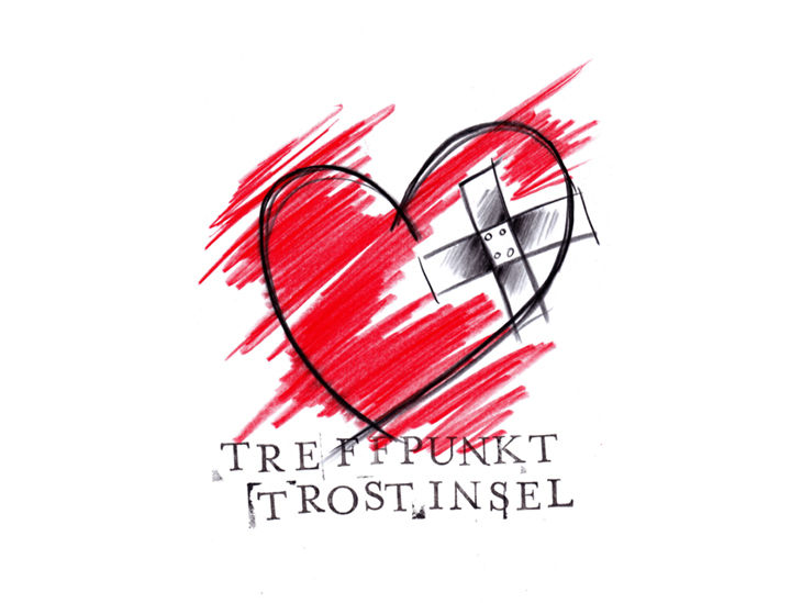 Logo der Trostinsel – ein designtes Herz rot ausgemalt mit einem Pflaster 