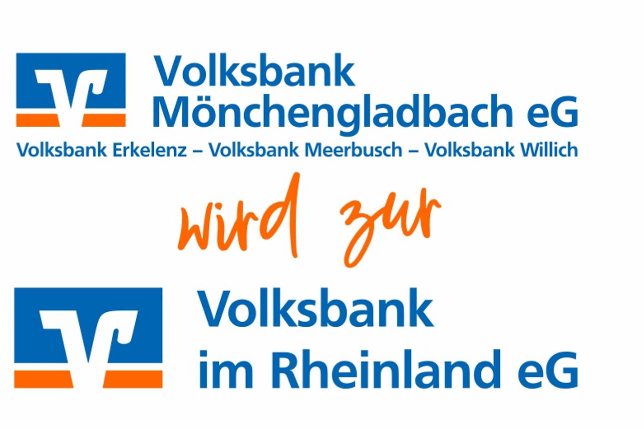 Eine Grafik, welche auf die Namensänderung der Volksbank Mönchengladbach eG in Volksbank im Rheinland eG hinweist