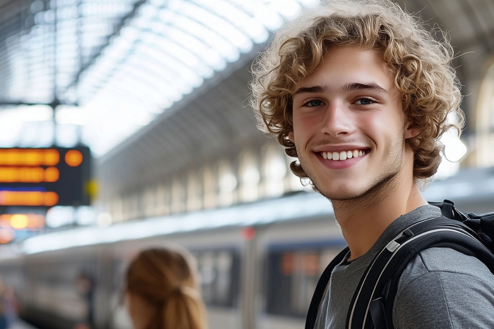Junger Mann steht am Bahnhof und lacht