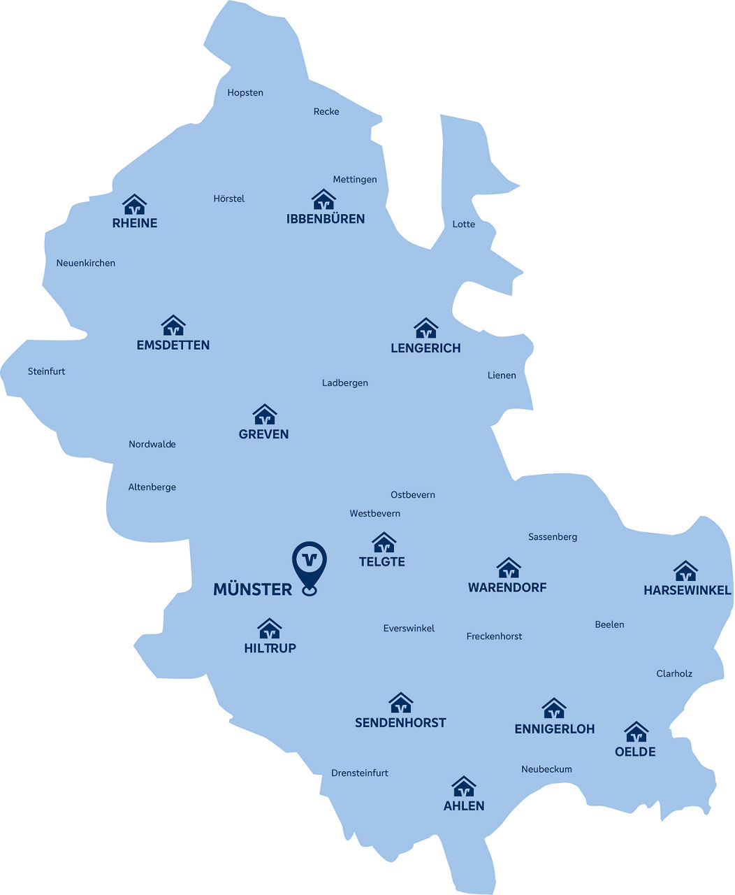 Karte des Geschäftsgebietes der Volksbank im Münsterland eG