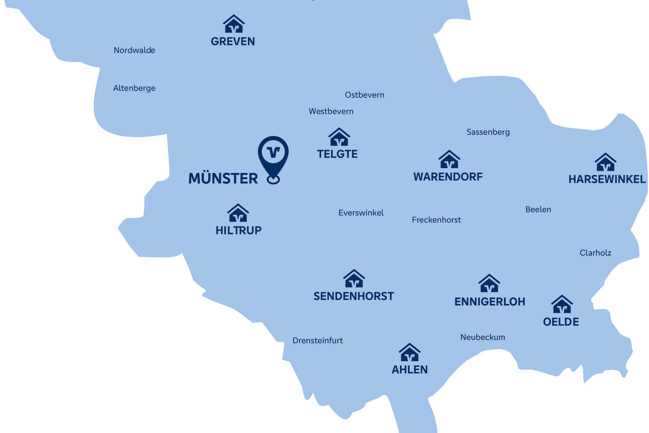 Karte des Geschäftsgebietes der Volksbank im Münsterland eG