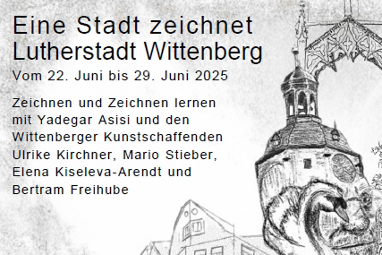 Postkarte - Vorderseite, Text Eine Stadt zeichnet Lutherstadt Wittenberg vom 22.Juni bis 29.Juni 2025, Künstlernamen