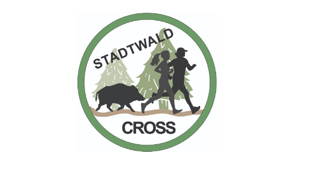 Logo Stadtwald-Cross mit Wald und zwei Läufern - verfolgt von einem Wildschwein