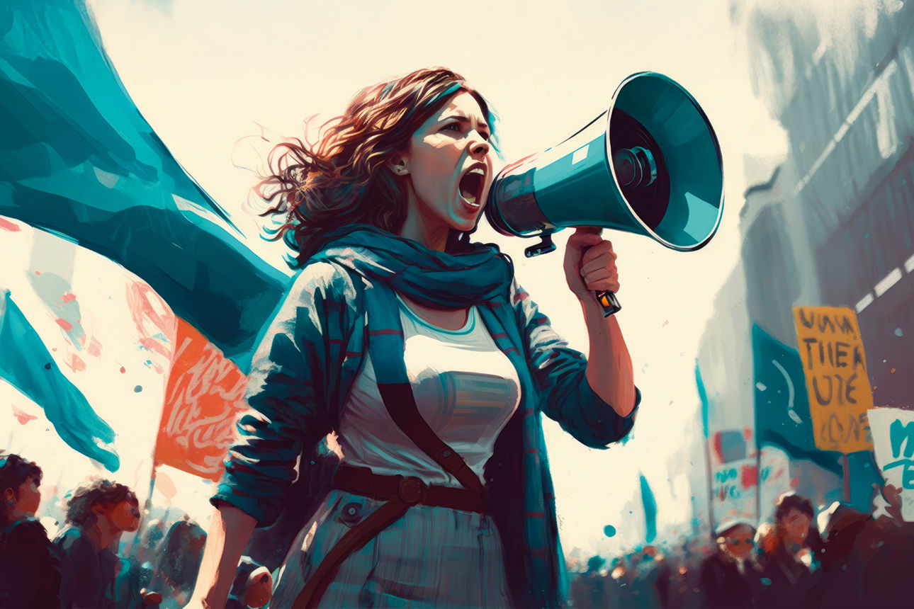 Illustration einer jungen rothaarigen Frau mit Locken, die in ein Megafon schreit, Demonstration im Hintergrund