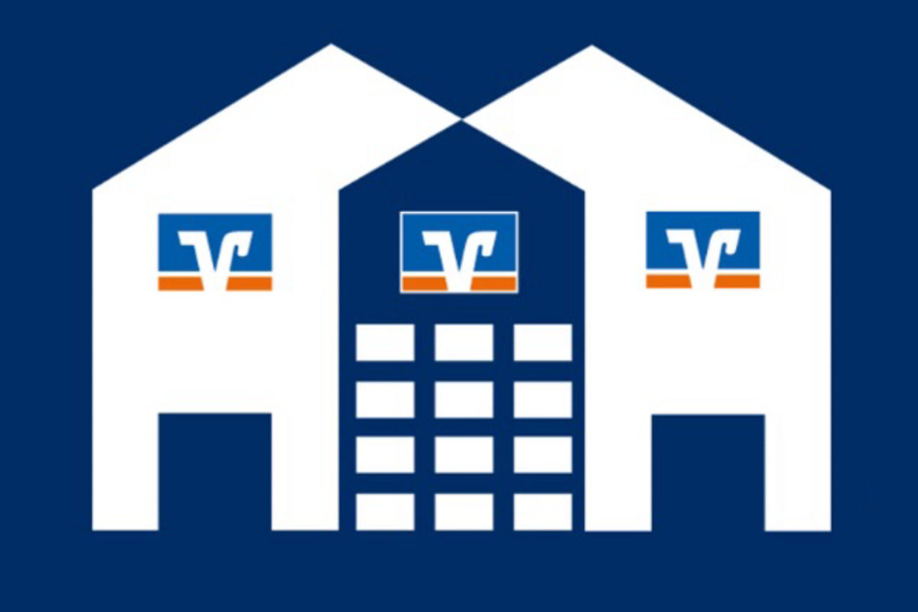 Grafik mit einem Haus und Volksbank Zeichen mit Text Information