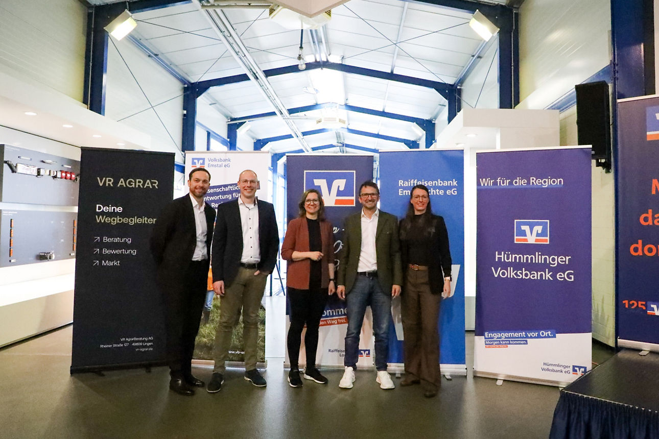 Organisatoren und Redner: (v. l.) Sven Foppe, Andreas Büter, Wiebke Wennemer, Jakob Lipp und Sandra Kipp (VR Agrar)