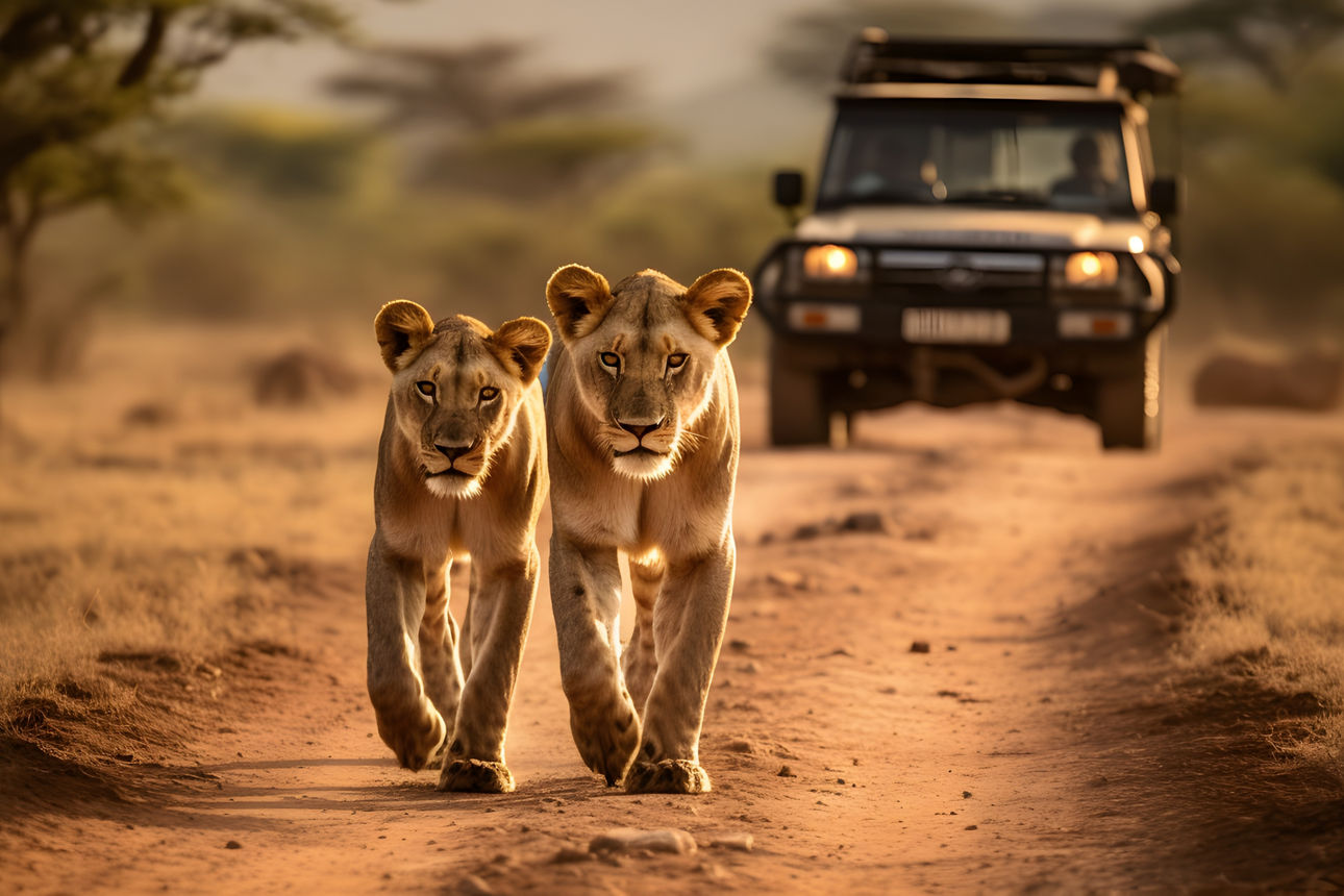 Two lionesses walk on dirt road in front of safari jeep © RV Touristik GmbH