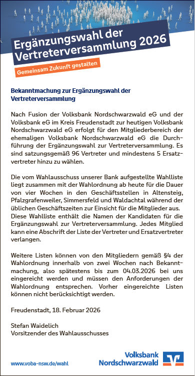Anzeige in der Tageszeitung zur Vertreterergänzungswahl der Volksbank Nordschwarzwald eG, 18.02.2026