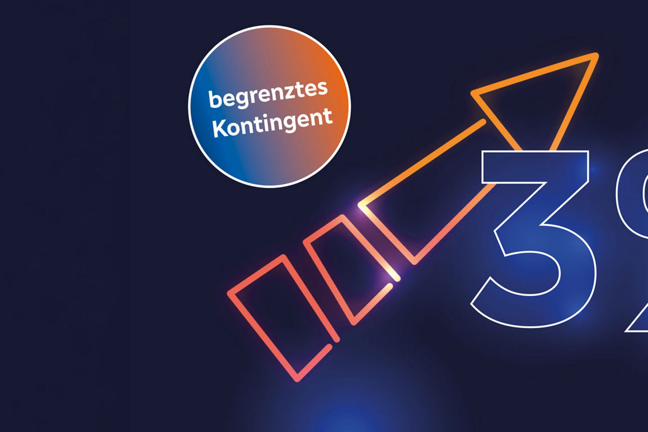 Grafik mit Prozentzeichen, Aufwärtspfeil und Hinweis auf begrenztes Kontingent.