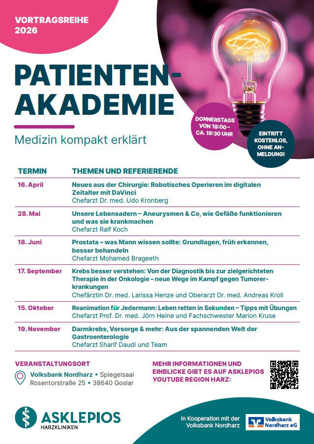 Übersicht der kompletten Vortragsreihe Patientenakademie 2026 - mit allen Themen und Referenten. 