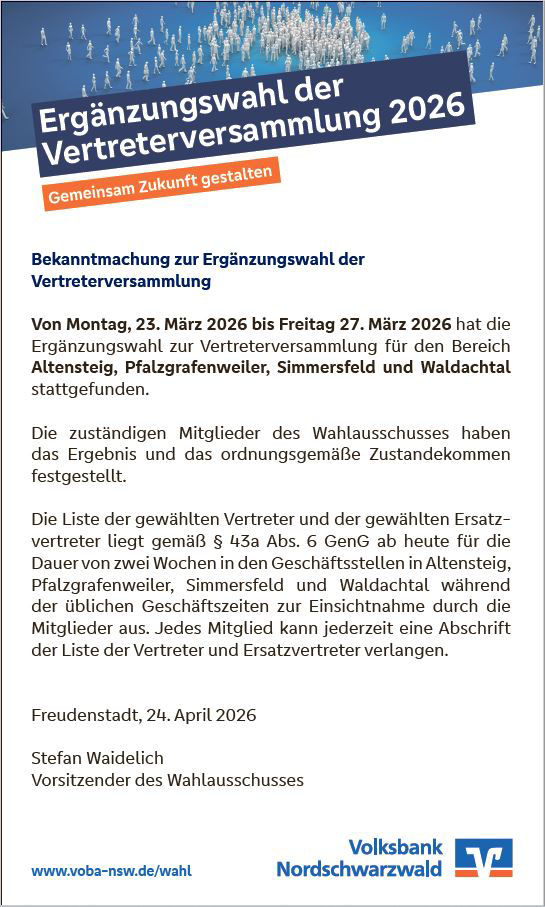 Anzeige in der Tageszeitung zur Vertreterergänzungswahl der Volksbank Nordschwarzwald eG, 24.04.2026