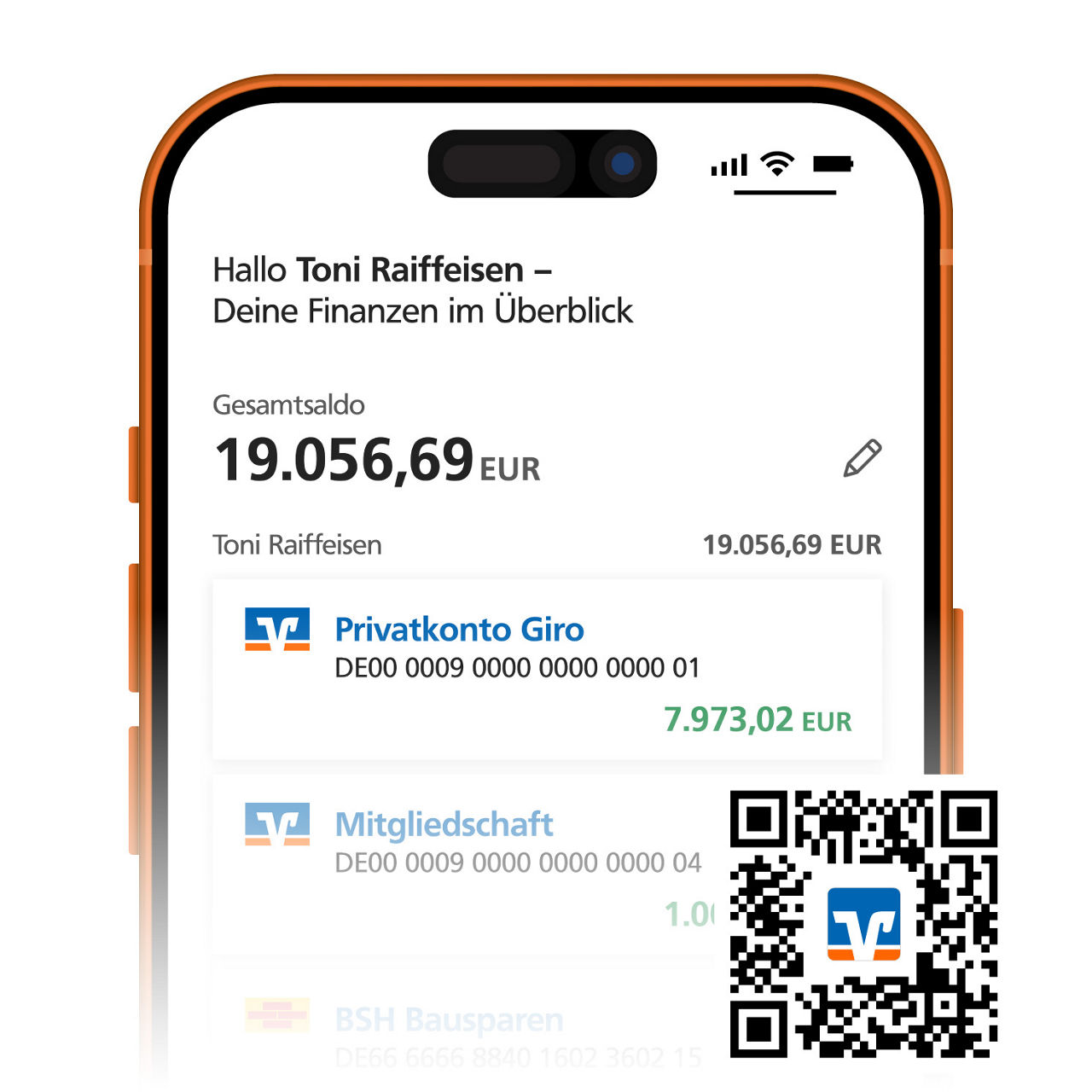 Ein Smartphone, dass die VR Banking App zeigt 