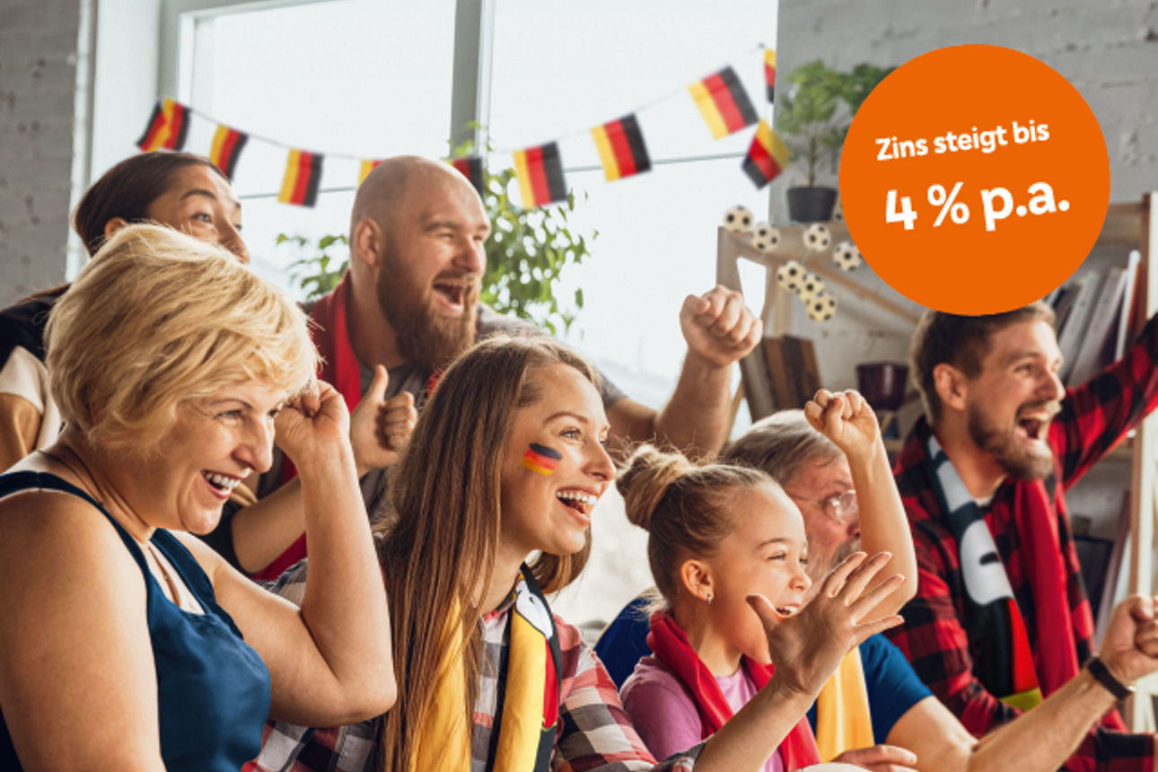Werbekampagne der Volksbank Seligenstadt für ihren Sparplan mit 4 % Wachstum.