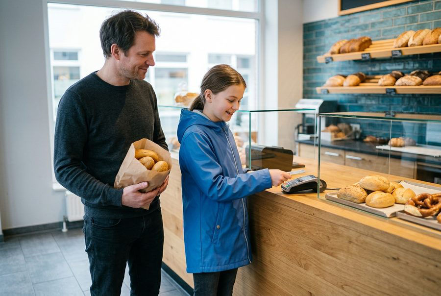 Ein Mädchen zahlt an der Bäckertheke kontaktlos mit ihrer eigenen Karte, ihr Vater hält die Brötchentüte