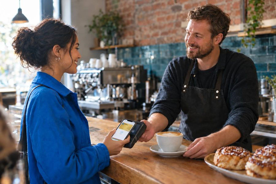 Eine Frau bezahlt am Café-Tresen mit dem Smartphone, auf dem Display die goldene Kreditkarte; der Barista stellt ihr einen Ca