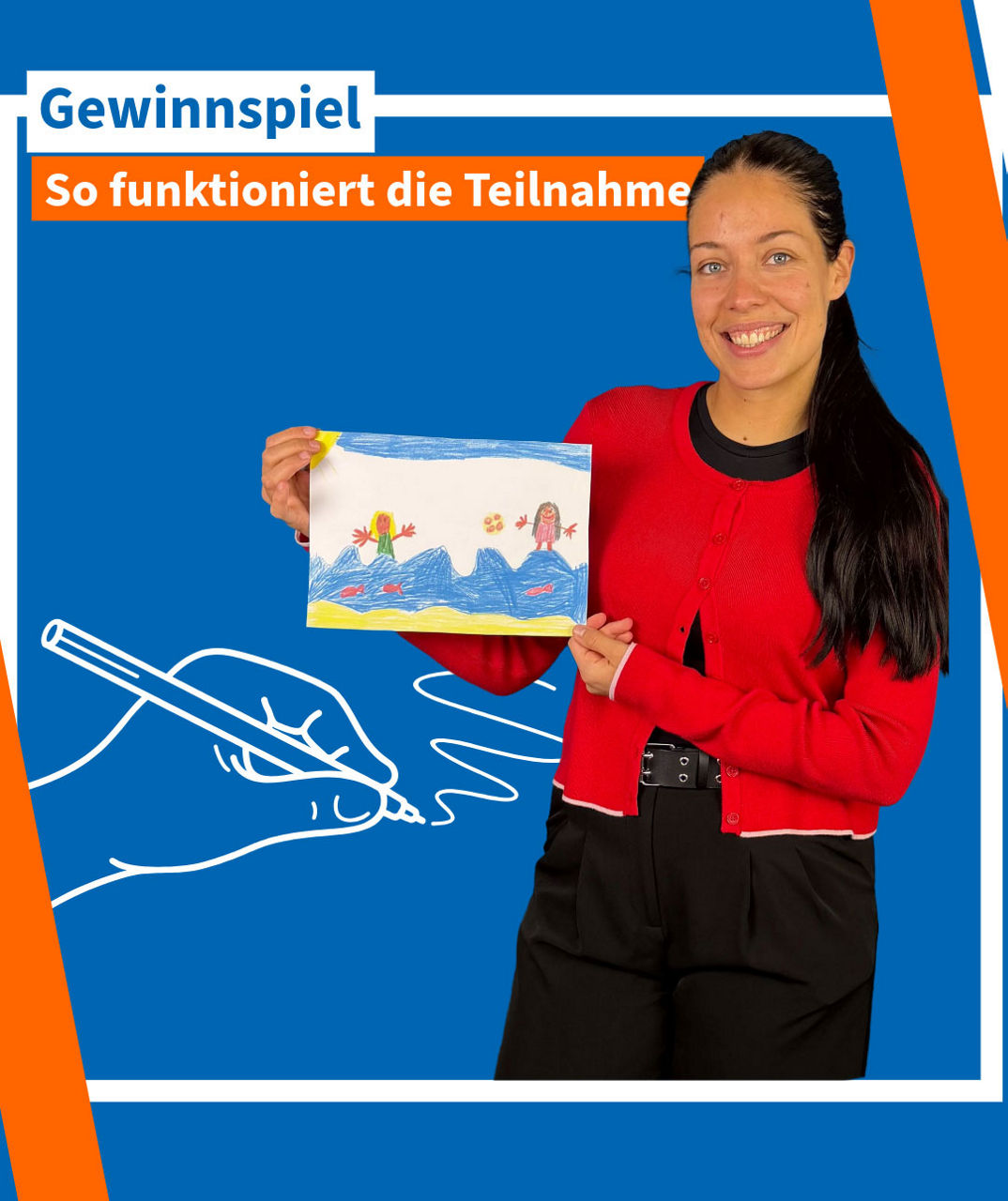 Unsere Mitarbeiterin Lilly hält eine Kinderzeichnung in die Kamera