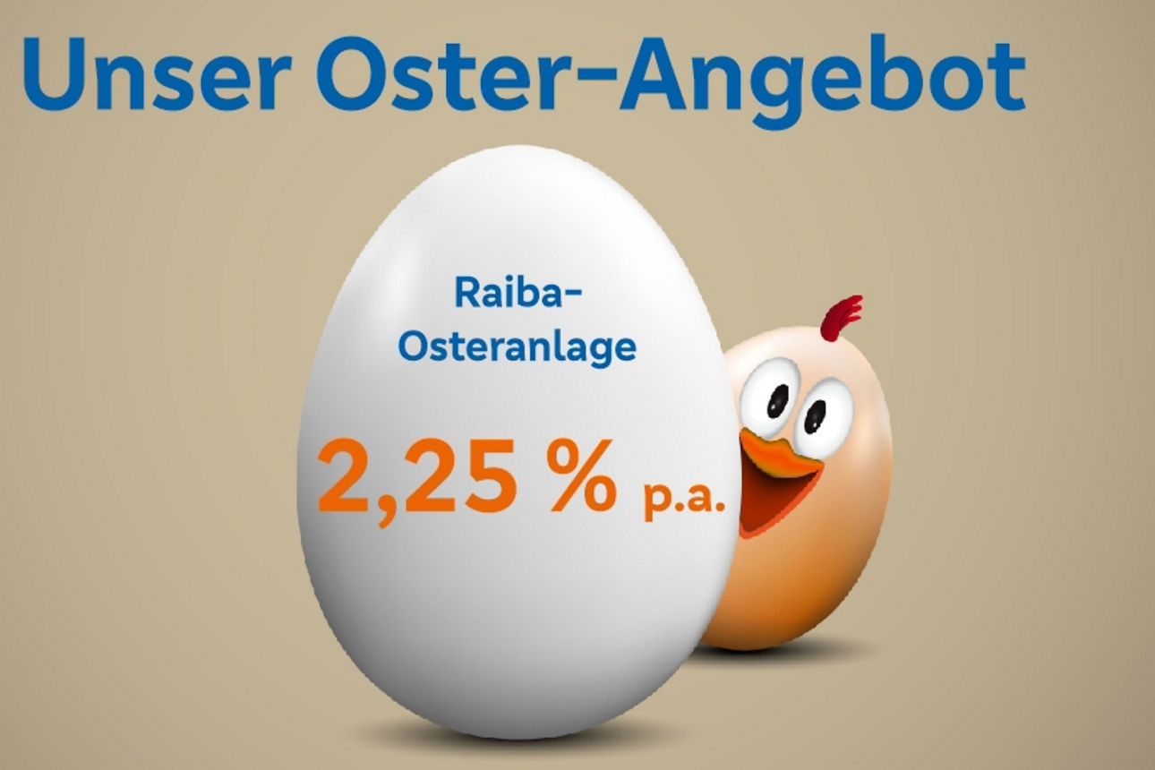 Text "Unser Oster-Angebot Raiber-Osteranlage 2,25% p.a." mit Ei und Küken