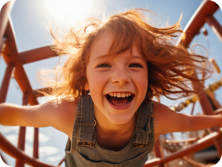 Kind hängt kopfüber und freudestrahlend von einem Spielgerät 