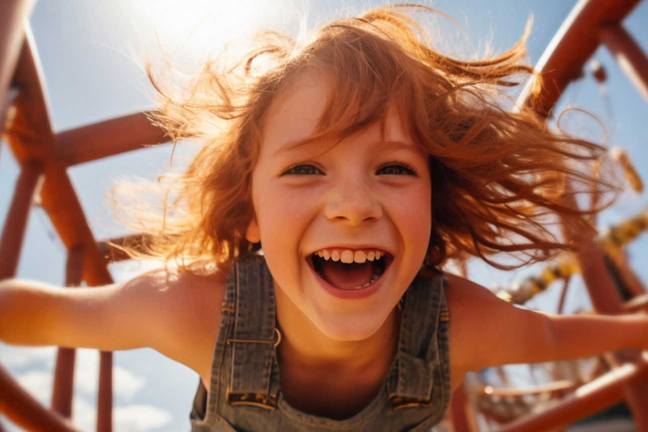 Kind hängt kopfüber und freudestrahlend von einem Spielgerät