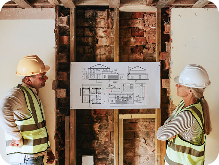 Zwei Handwerker begutachten Bauplan vor einer aufgestemmten Wand