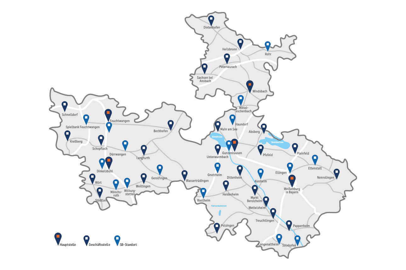 Karte des Geschäftsgebiet der VR Bank im südlichen Franken  eG inklusive aller Geschäftsstellen