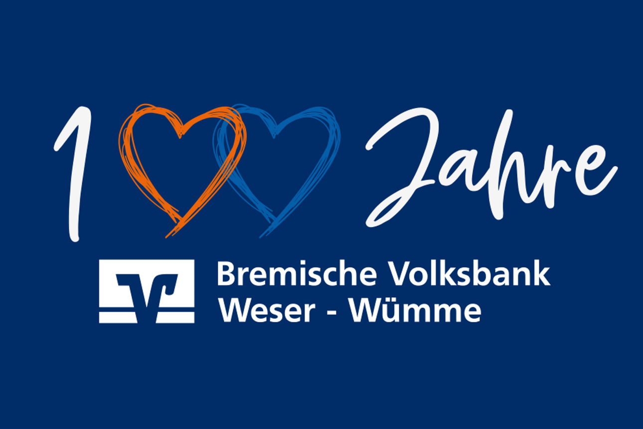 Dunkelblauer Hintergrund mit der Aufschrift 100 Jahre und dem Logo der Bremische Volksbank Weser-Wümme eG