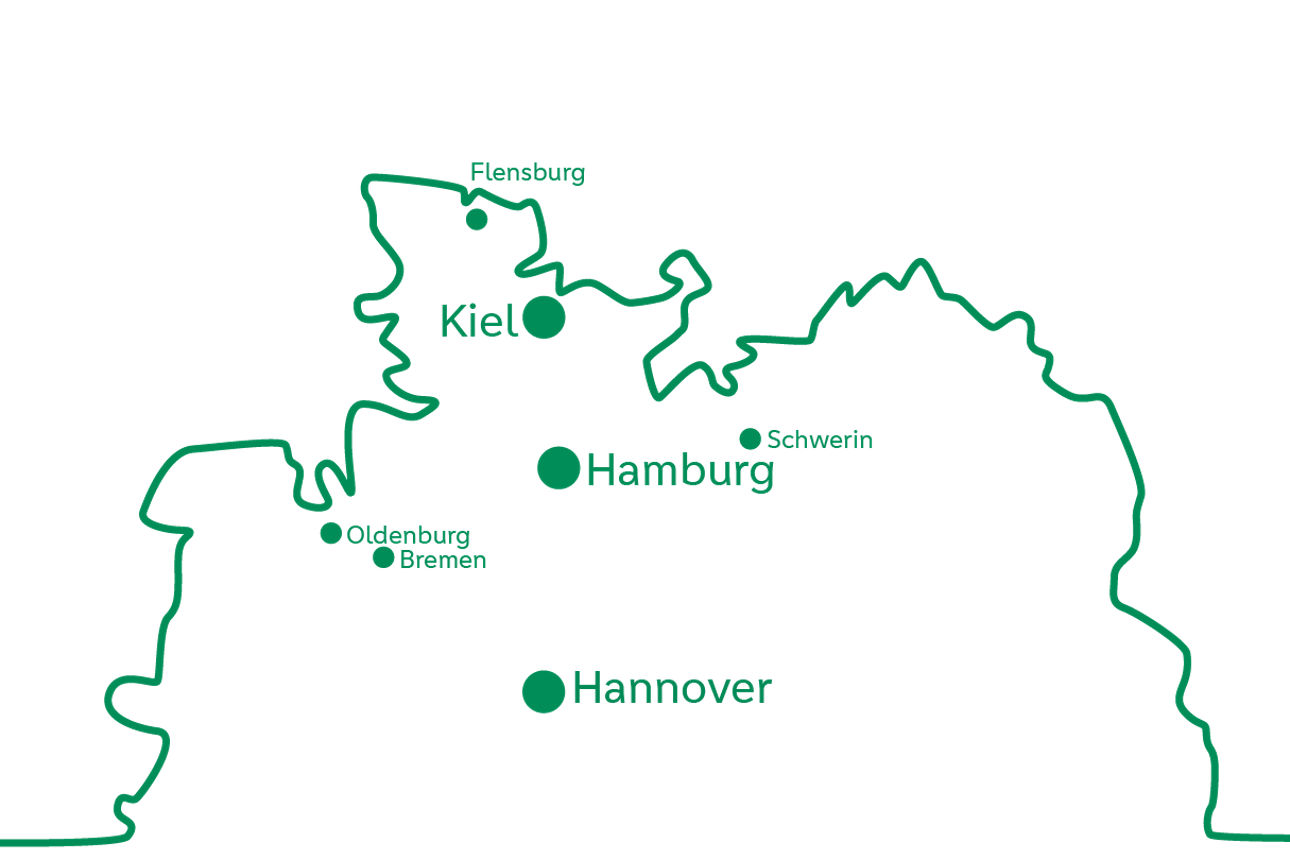 Karte, welche das Geschäftsgebiet nach der Fusion der PSD Bank Nord und PSD Bank Hannover zeigt