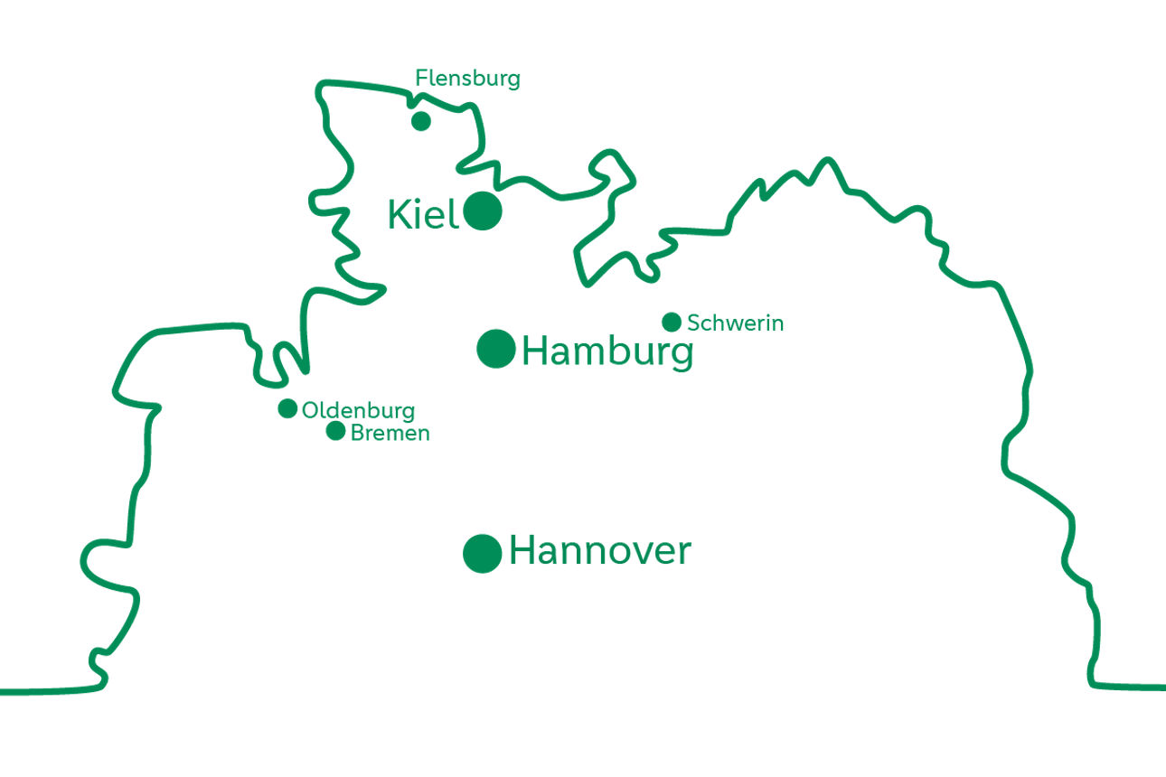 Karte, welche das Geschäftsgebiet nach der Fusion der PSD Bank Nord und PSD Bank Hannover zeigt