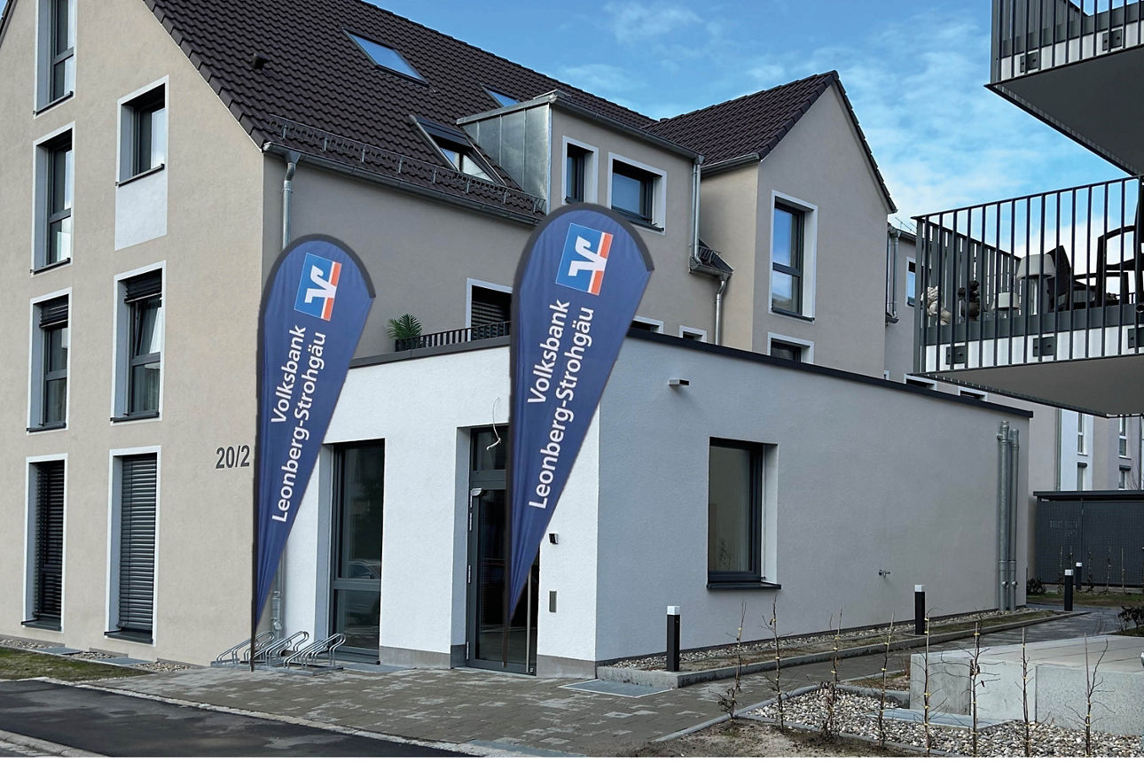 Gebäude mit Flaggen der Volksbank