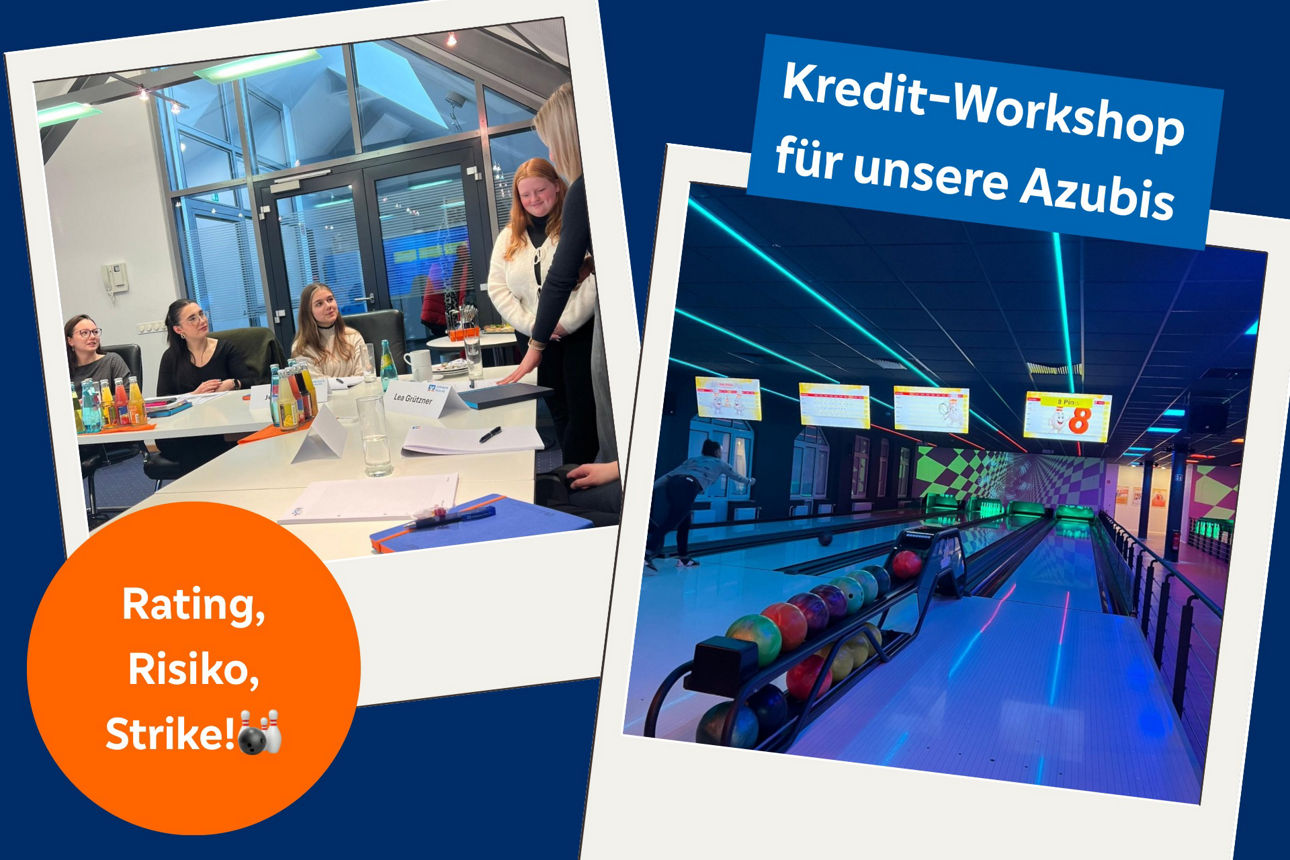 Collage aus Foto vom Azubi-Workshop und Foto einer Bowlingbahn