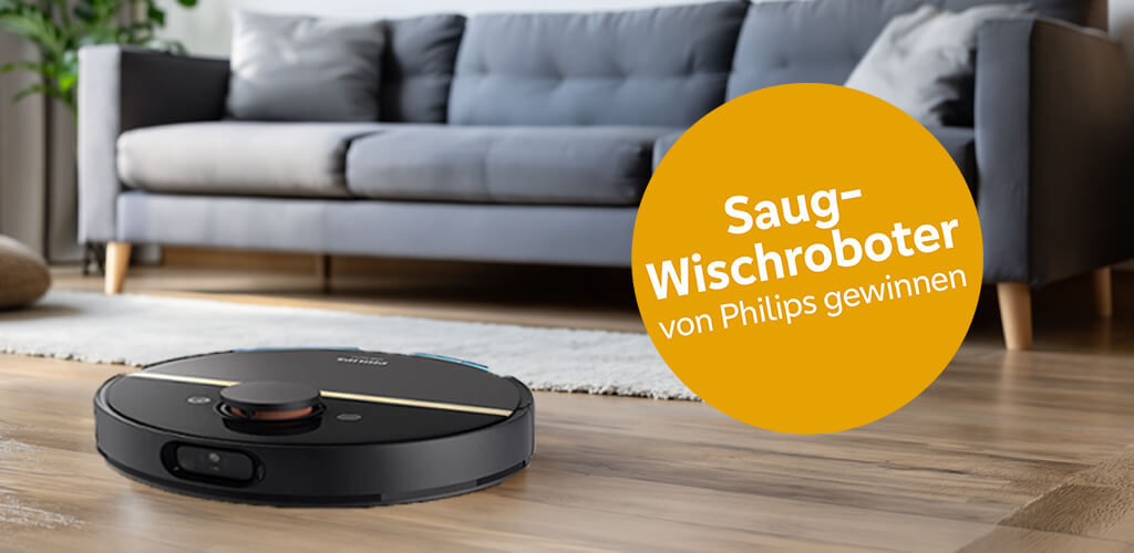 Saug- Wischroboter von Philips vor einem Sofa