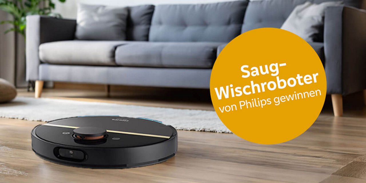 Saug- Wischroboter von Philips vor einem Sofa