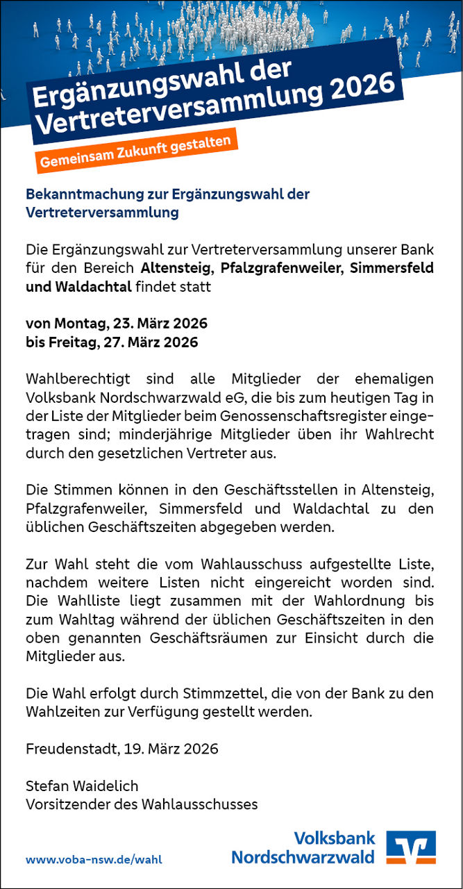 Anzeige in der Tageszeitung zur Vertreterergänzungswahl der Volksbank Nordschwarzwald eG, 19.03.2026