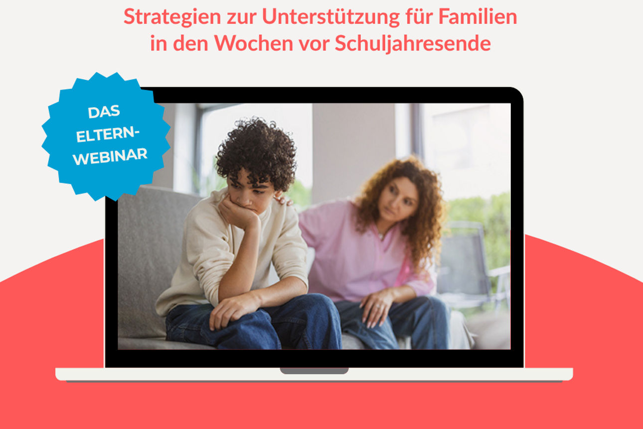 Auf dem Bild ist auf einem weißem und roten Hintergrund ein Laptop einem Bild auf dem Hintergrund. Man sieht eine Mutter die tröstend ihre Hand auf die Schulter ihres Sohnes legt. 