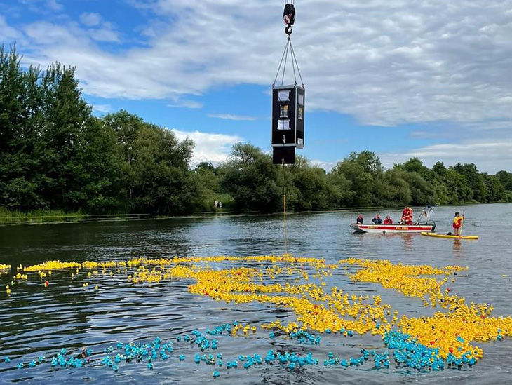 Gelbe Plastikenten schwimmen auf der Aller und werden mithilfe von Booten gelotst