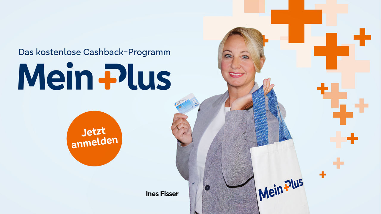 Logo mein Plus und Junge Frau mit Einkaufstasche