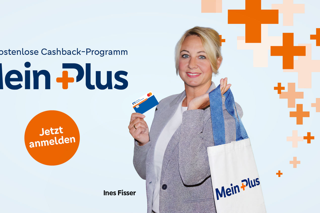 Logo MeinPlus und Junge blonde Frau mit Einkaufstasche 