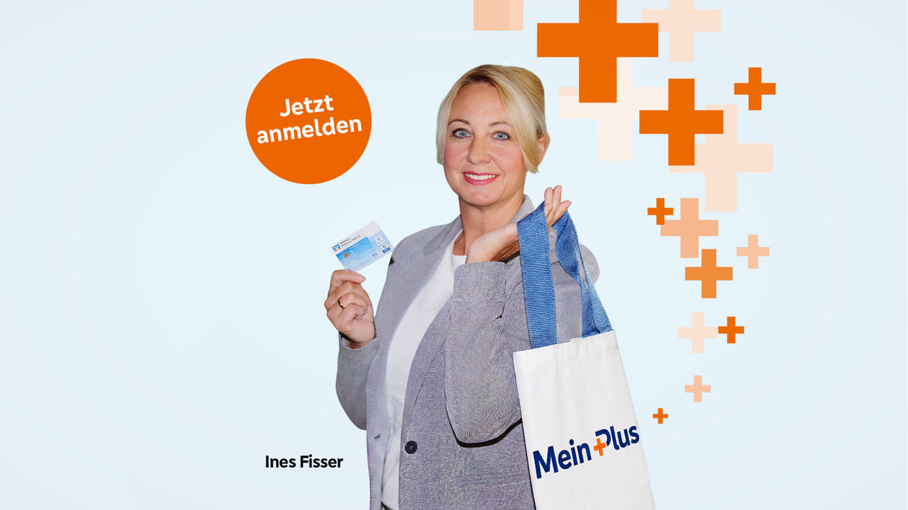 Logo mein Plus und Junge Frau mit Einkaufstasche