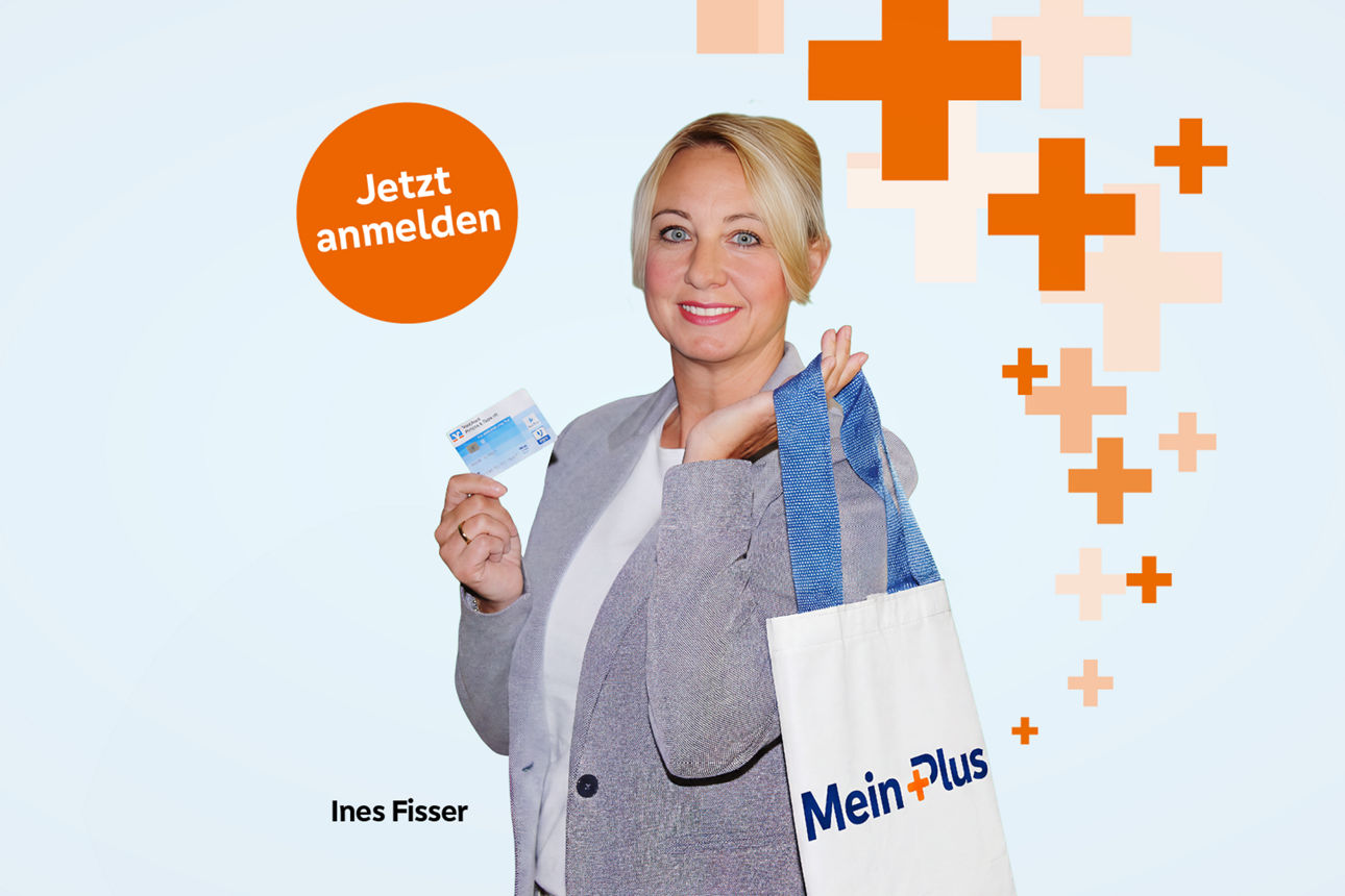 Logo MeinPlus und junge Frau mit Einkaufstasche