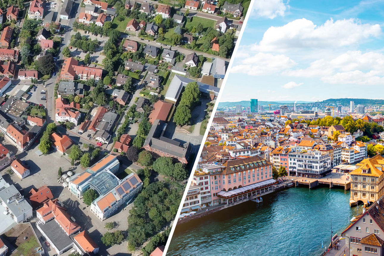 Links ein Blick von oben auf den Stadtkern von Achim in Niedersachsen sowie rechts eine Ansicht der Innenstadt von Zürich in 