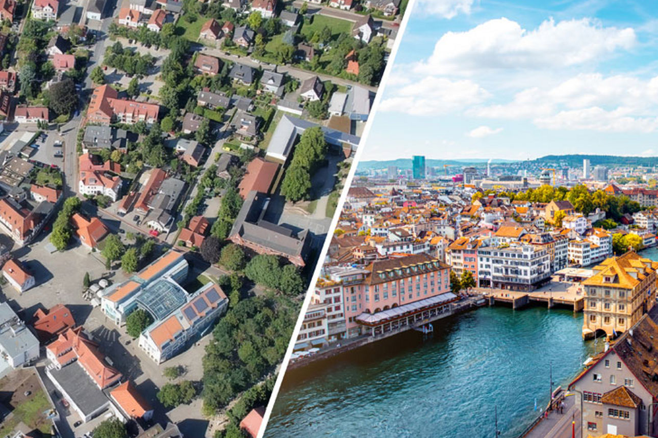 Links ein Blick von oben auf die Stadt Achim in Niedersachsen und rechts die Ansicht Stadt Zürich in der Schweiz