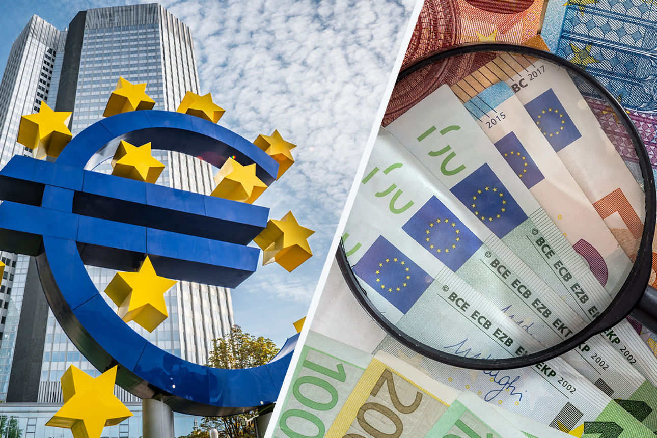 Links die Euro-Symbol-Skulptur vor der Europäischen Zentralbank in Frankfurt und rechts eine Lupe auf Euro-Scheinen liegend.