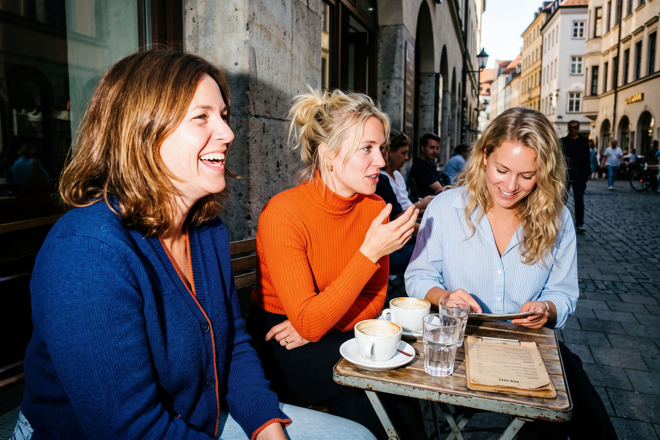 Drei Frauen sitzen im Außenbereich eines Cafés in der Stadt. KI-generiertes Bild.