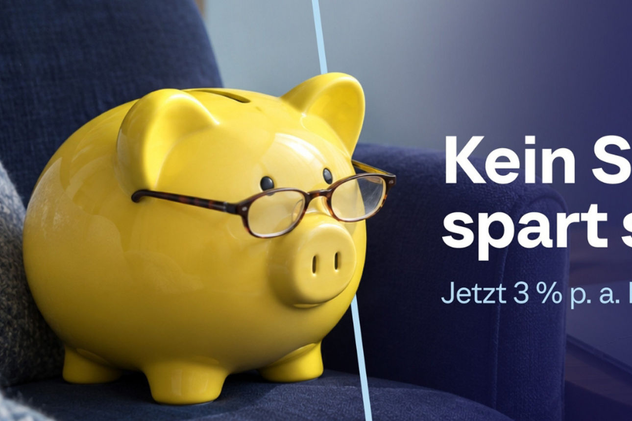 Ein Sparschwein mit Brille sitzt auf einem Sofa