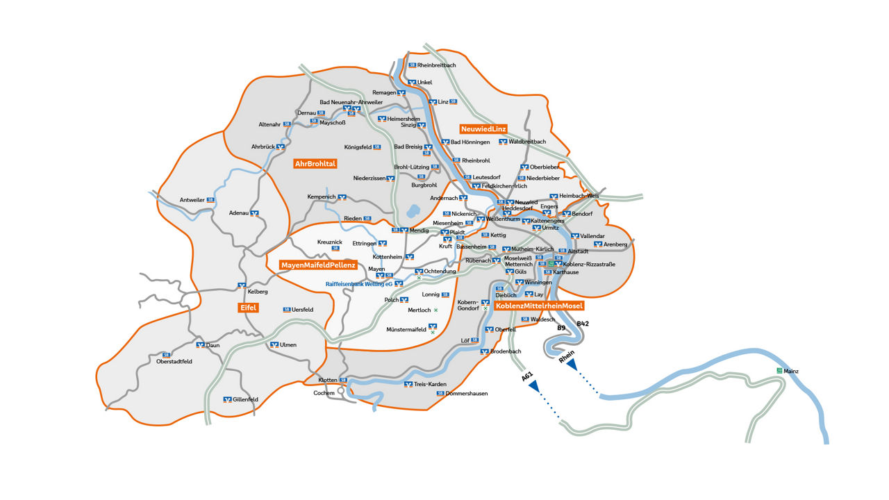 Geschäftsgebiet der VR Bank RheinAhrEifel eG mit fünf Regionen, Städten, Filialen und Verkehrswegen auf einer Karte