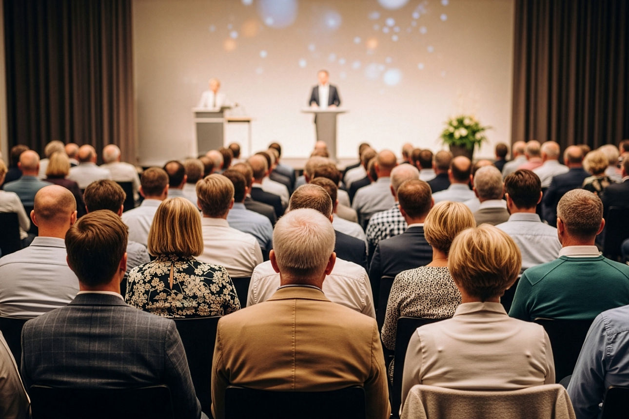 Das Bild zeigt sitzende Personen, die einem Redner auf der Bühne zuhören