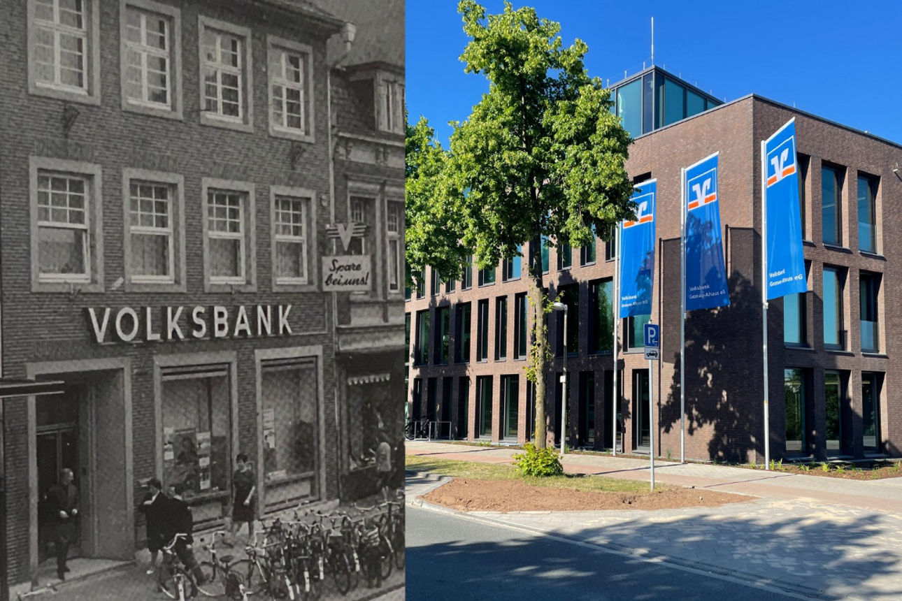 Verschiedene Ansichten in verschiedenen Jahren der Hauptstelle Ihrer Volksbank Gronau-Ahaus eG
