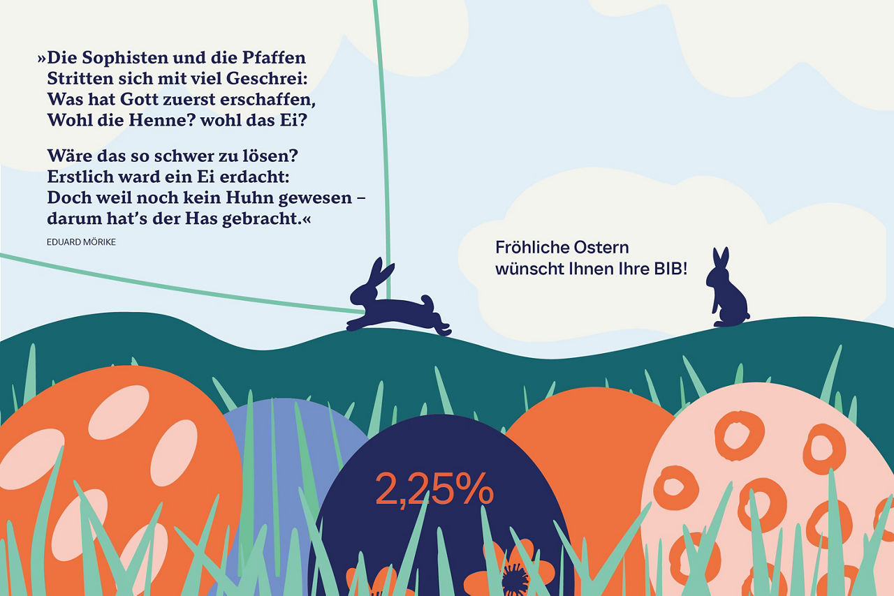 Illustrationen mit Hasen und bunten Eiern im Vordergrund. Auf dem Bild steht "Frohe Ostern wünscht Ihnen Ihre BIB"
